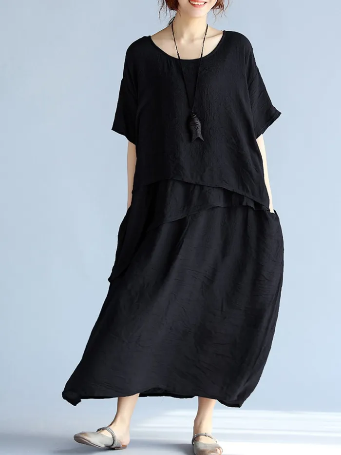 Casual Crew Neck Half Sleeve H-line Solid Maxi Linen Dress