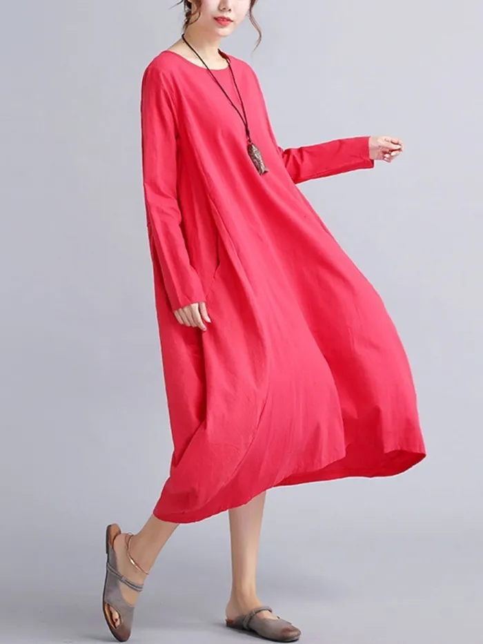 Oversized Round Neck Pocket  Plain Shift Plus Size Dress