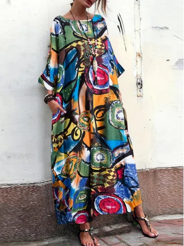 Half Sleeve Cotton-Blend Printed/dyed Dresses