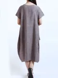 Round Neck  Patch Pocket  Plain  Cotton/Linen Maxi Plus Size Dress