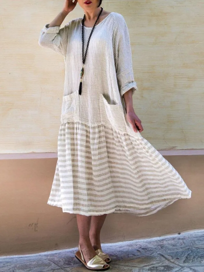 Plus Size Casual Stripe Patchwork Pockets 3/4 Sleeve Dress