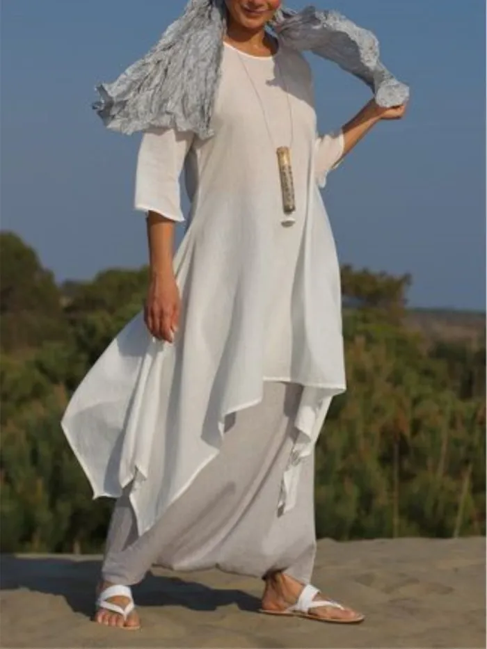 Plus Size Women Linen Dress Casual Asymmetric  Crew Neck Summer Dresses