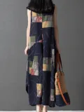 Plus Size Spaghetti Linen A-line Printed Maxi Dress