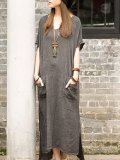Green Linen Basic Crew Neck Plus Size Dress