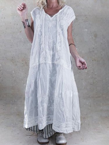 Short Sleeve Patchwork Cutout Linen Maxi Dresses
