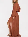 Balloon Sleeve Solid V Neck Maxi Dresses