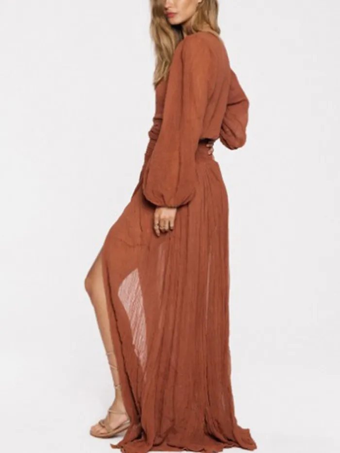 Balloon Sleeve Solid V Neck Maxi Dresses