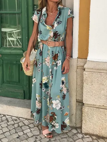 Floral Shirt Collar Short Sleeve Maxi Dresses