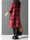 Long Sleeve Women Loose Linen Cotton Plaid Casual Dress