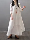 Plus Size Crew Neck Women Dress Asymmetrical Daytime Solid Linen Maxi Dress