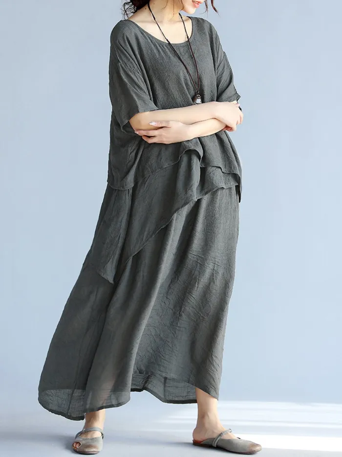 Casual Crew Neck Half Sleeve H-line Solid Maxi Linen Dress