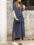 Green Linen Basic Crew Neck Plus Size Dress