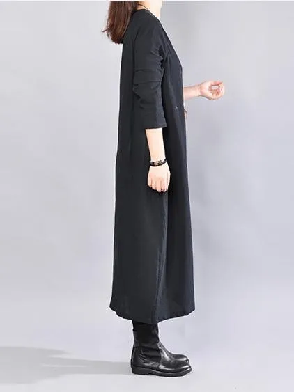 Women Solid Crew Neck Casual Loose Cotton Embroider Dress