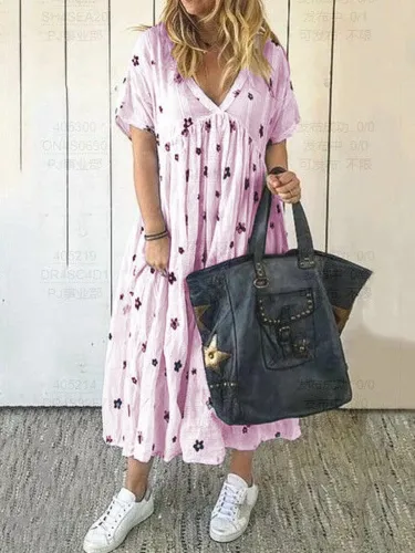 Short Sleeve V Neck Cotton Dresses