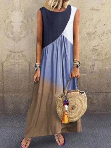 Plus Size Women Sleeveless Round Neck Vintage Color-block Casual Dresses