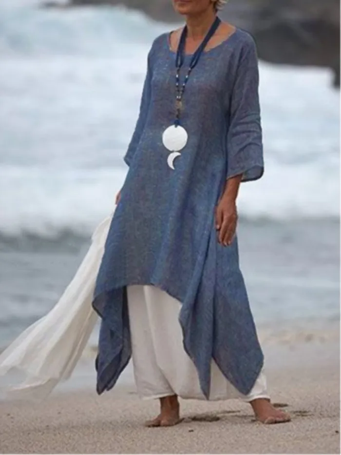 Plus Size Women Linen Dress Casual Asymmetric  Crew Neck Summer Dresses