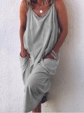 Round Neck Sleeveless Striped Pockets Maxi Dresses