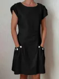 Women Casual Linen Dress Short Sleeve Pockets Buttoned Summer Dresses