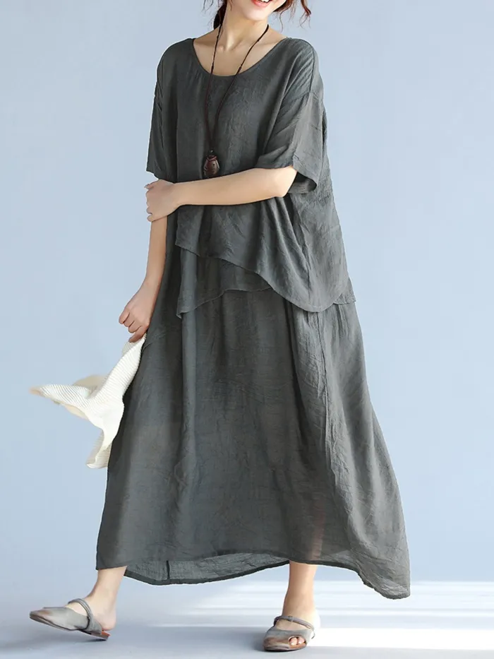 Casual Crew Neck Half Sleeve H-line Solid Maxi Linen Dress
