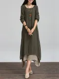 Long Sleeve Linen Cotton Crew Neck Casual Plus Size Dress