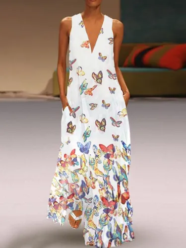 Butterfly Printed Maxi Dresses V Neck White Women Dresses Shift Daily