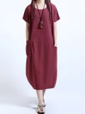Round Neck  Patch Pocket  Plain  Cotton/Linen Maxi Plus Size Dress