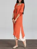 Long Sleeve Linen Cotton Crew Neck Casual Plus Size Dress