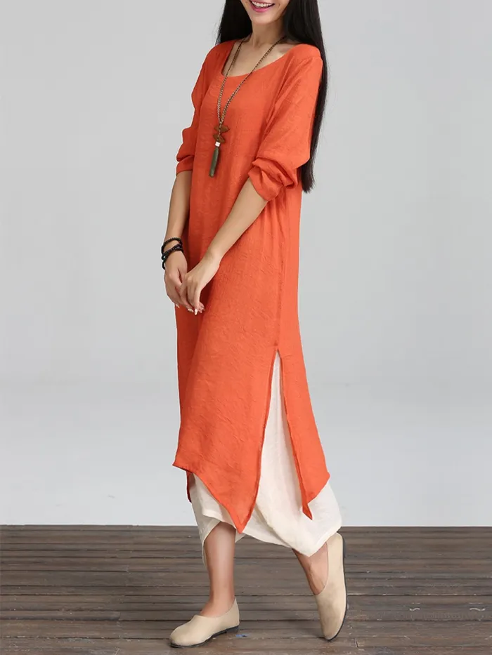 Long Sleeve Linen Cotton Crew Neck Casual Plus Size Dress