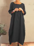 Khaki Cotton-Blend Casual Plain Crew Neck Dresses