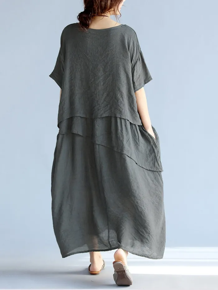 Casual Crew Neck Half Sleeve H-line Solid Maxi Linen Dress