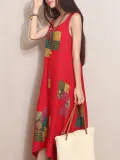 Plus Size Spaghetti Linen A-line Printed Maxi Dress