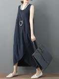 Sleeveless Asymmetrical Solid Color Linen Dress
