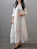 Plus Size Crew Neck Women Dress Asymmetrical Daytime Solid Linen Maxi Dress