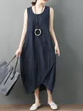Sleeveless Asymmetrical Solid Color Linen Dress