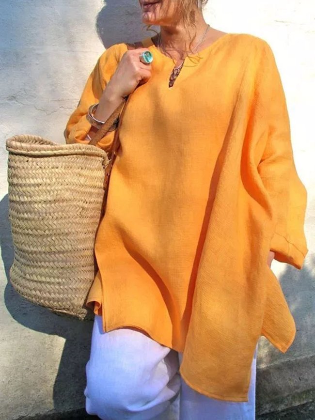 Womens Solid Casual V-Neck Long Sleeve Tops