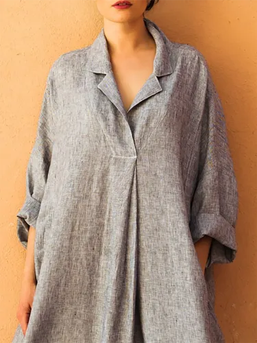 Paneled Cotton Basic Long Sleeve A-line Midi Dress