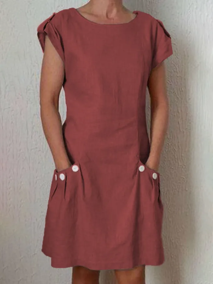 Women Casual Linen Dress Short Sleeve Pockets Buttoned Summer Dresses