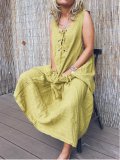 Vintage Spaghetti-Strap Solid Linen Maxi Dresses
