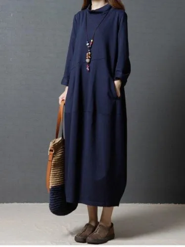 Long Sleeve Women Solid Casual Loose Cotton Dress