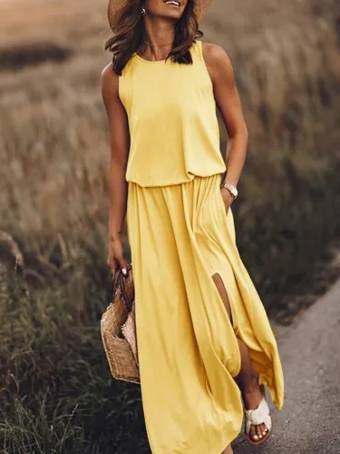 Pink Holiday Cotton-Blend Solid Round Neck Dresses