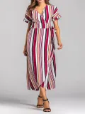 Rainbow Multicolor Stripes Beach Swing V-Neck Maxi Plus Size Dress