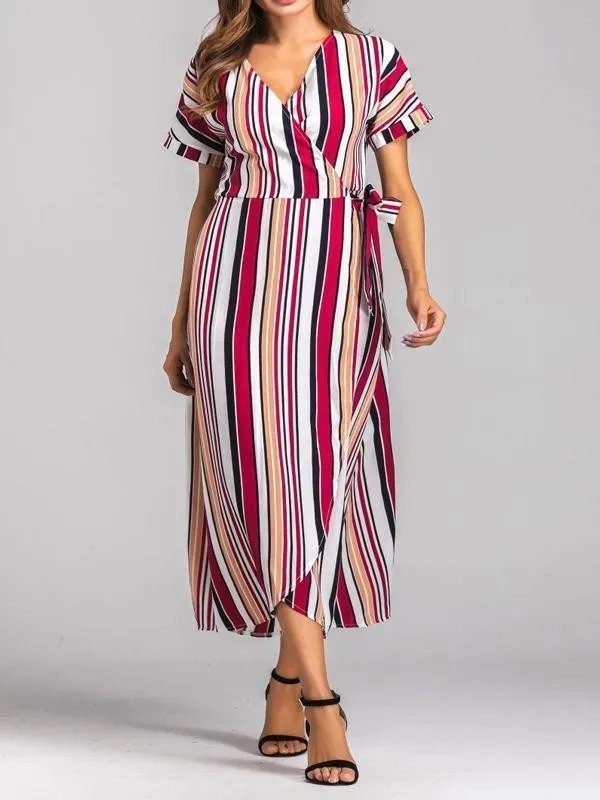 Rainbow Multicolor Stripes Beach Swing V-Neck Maxi Plus Size Dress