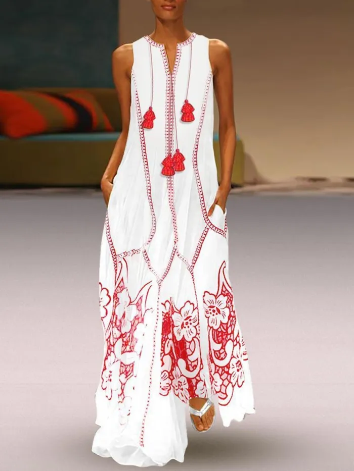 Plus Size Women White Casual Sleeveless Floral Linen Maxi Dresses