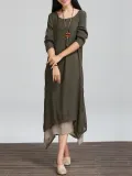 Long Sleeve Linen Cotton Crew Neck Casual Plus Size Dress