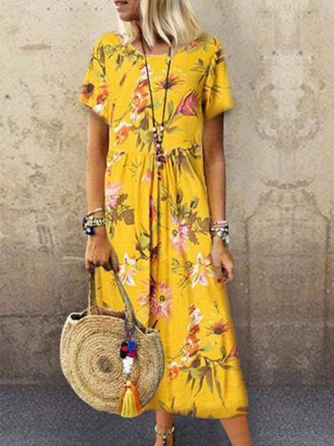 Yellow Short Sleeve Casual Printed Dresses
