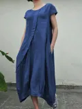 Summer Linen  Pockets Pleated Swing Solid Dresses