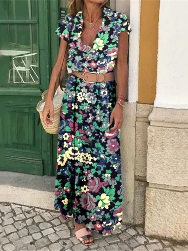 V-neck Flowers Printed Maxi Dress