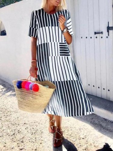 Women Black Striped  Holiday A-Line Daily Pockets Maxi  Dress