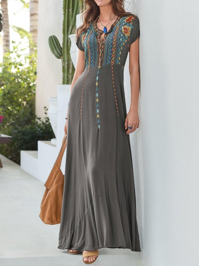 Gray Patchwork Cotton-Blend V Neck Short Sleeve Dresses