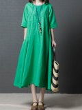 Solid Casual Short Sleeve Pockets Embroidered Dress